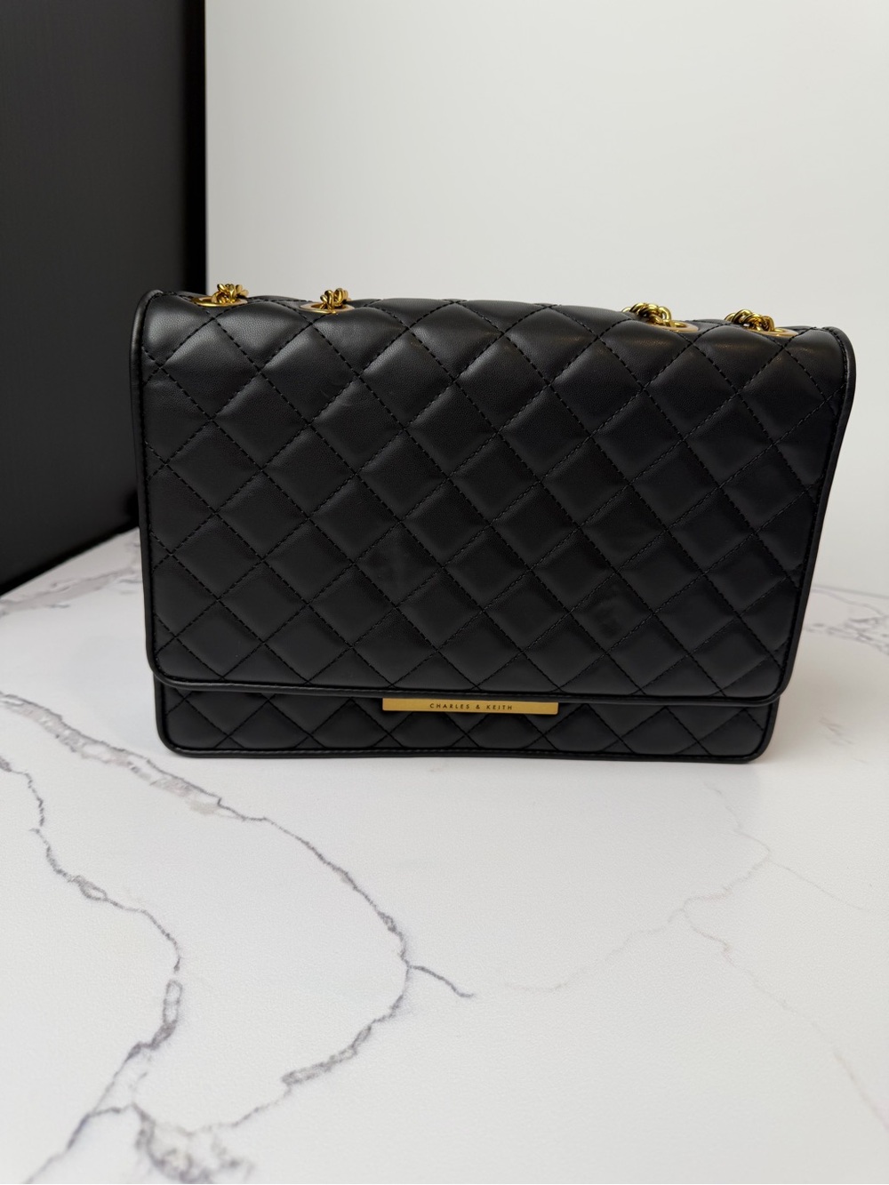 Charles & Keith Black Quilted Shoulder Bag with Gold Hardware